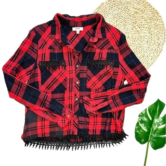 Kenzie Jeans Red and Black Button Crochet Double Breasted Pocket Blouse M - Picture 3 of 15